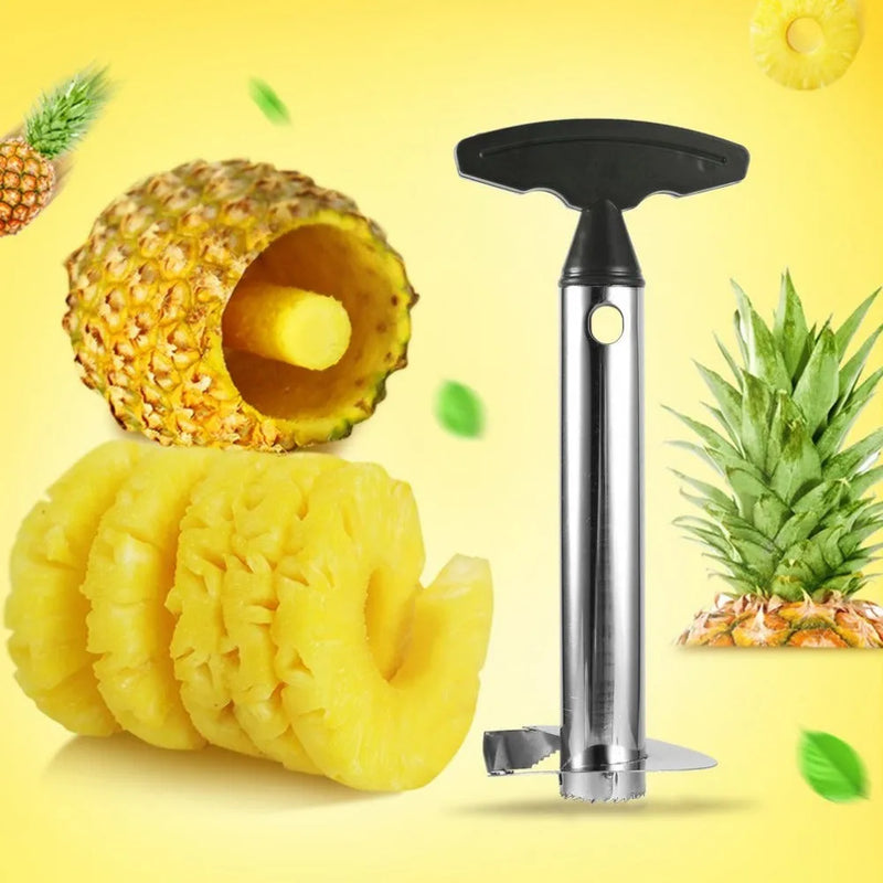 Pineapple peeler stainless steel tool for kitchen with pulp separator and corer function to peel and slice fresh pineapple in seconds, featuring ergonomic non-slip ABS handle and 83.7mm blade diameter in black, green or yellow colour options
