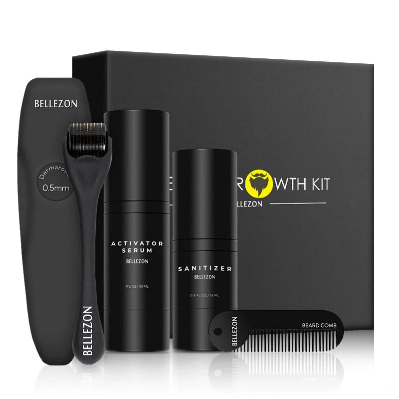 Premium Beard Growth Kit with micro-needle roller and beard growth essence