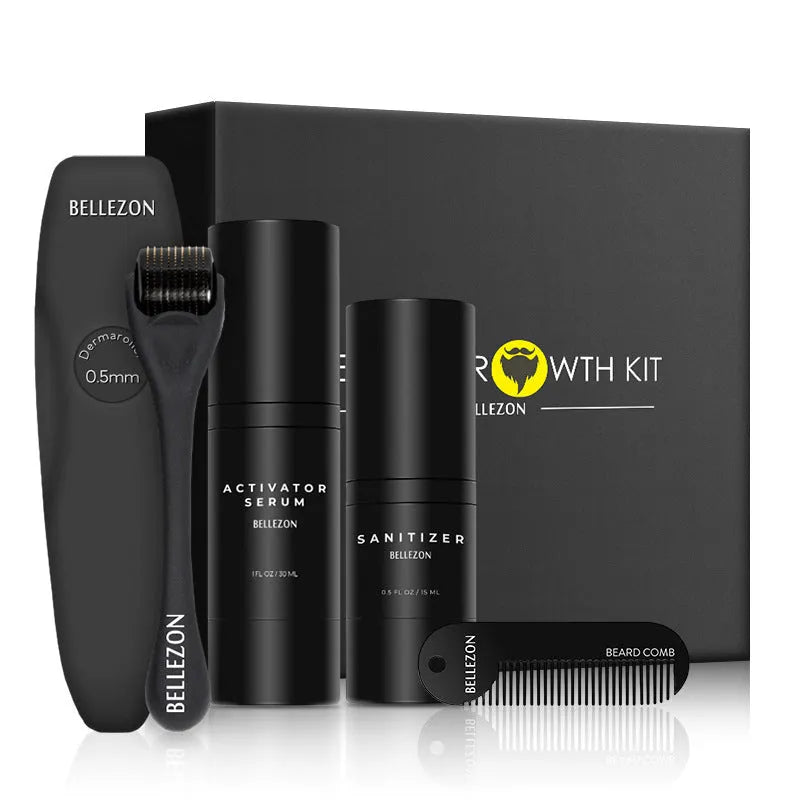 Beard care kit with 30ml growth solution, 15ml disinfectant, titanium alloy roller and zinc alloy comb, 21.2x21x4.9cm