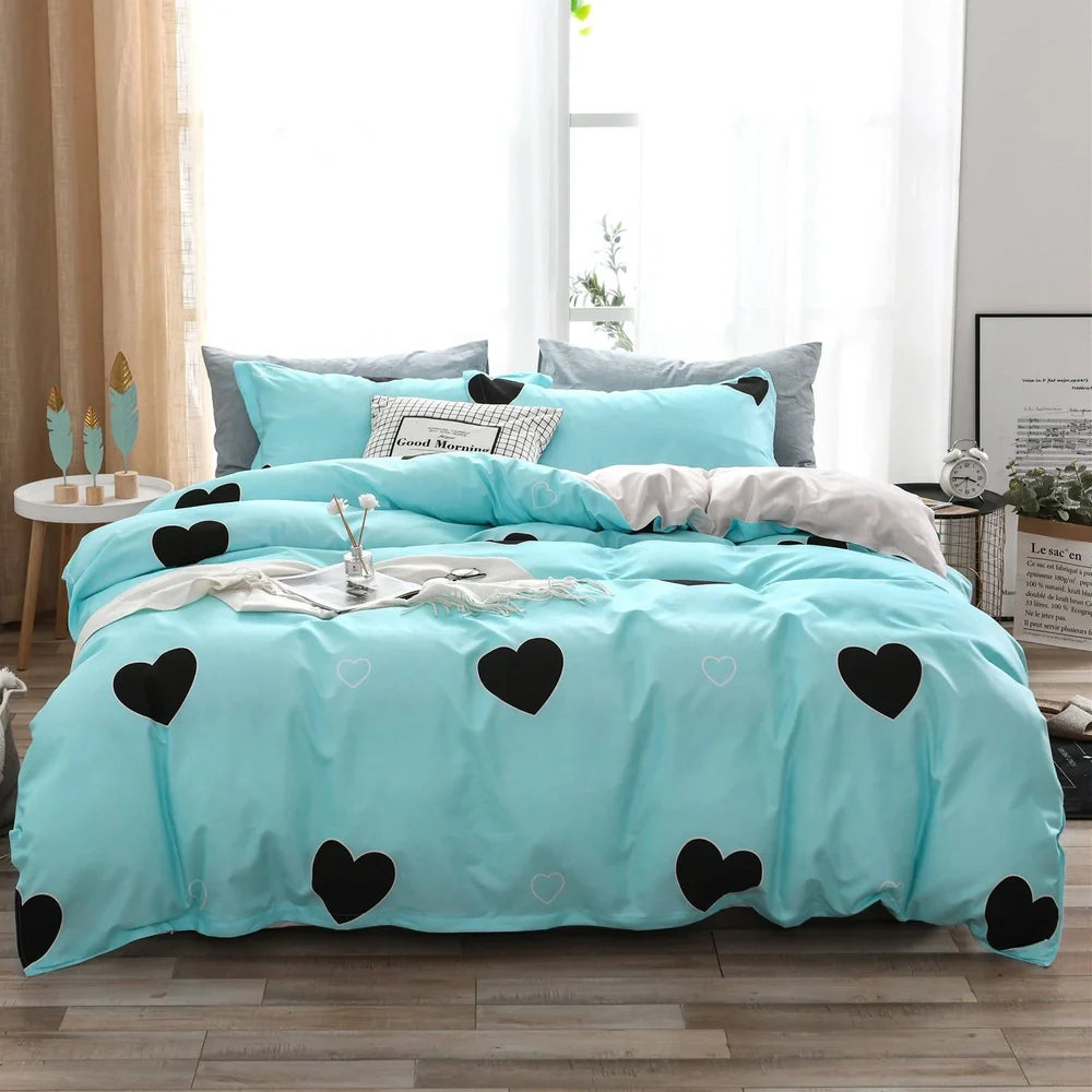 Blue cartoon series polyester bedding set with quilt 200x200cm, 2 pillowcases 50x75cm, fitted sheet for UK Double