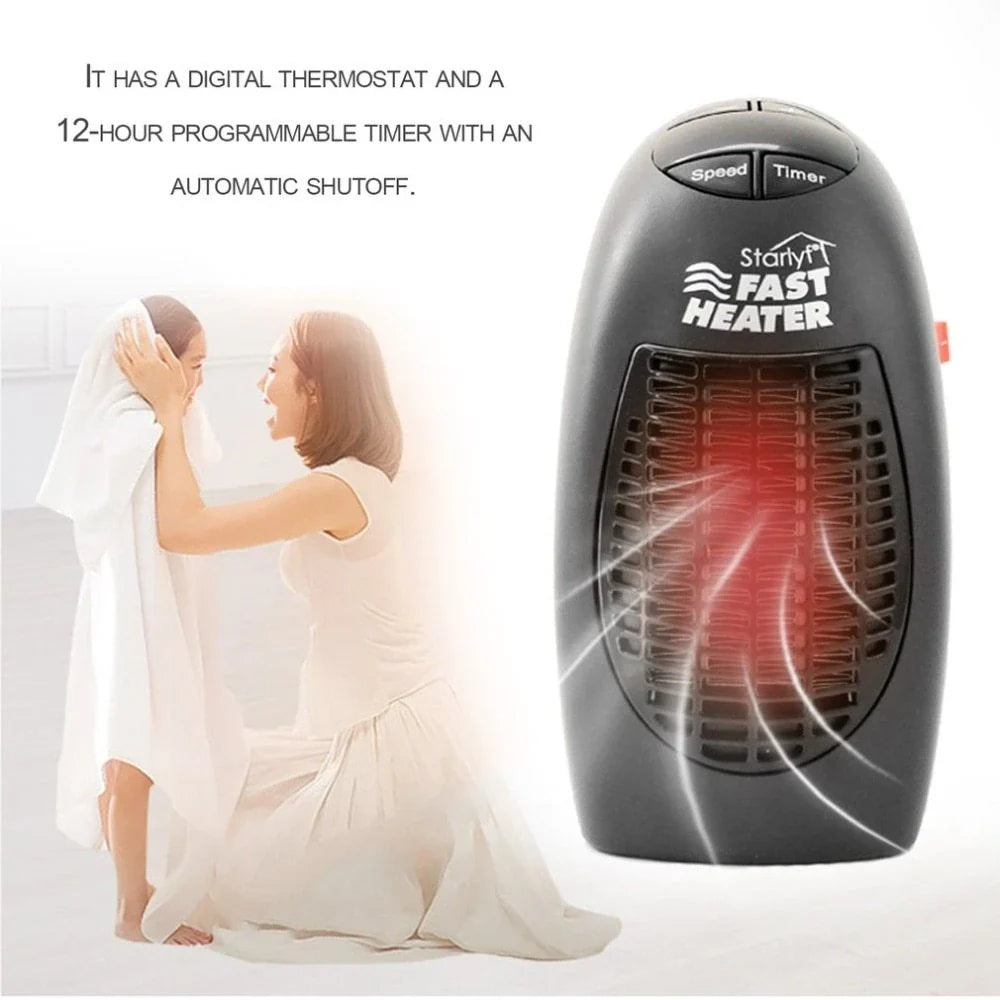 Compact electric space heater with stay-cool plastic housing, digital thermostat, and 180-degree rotating plug