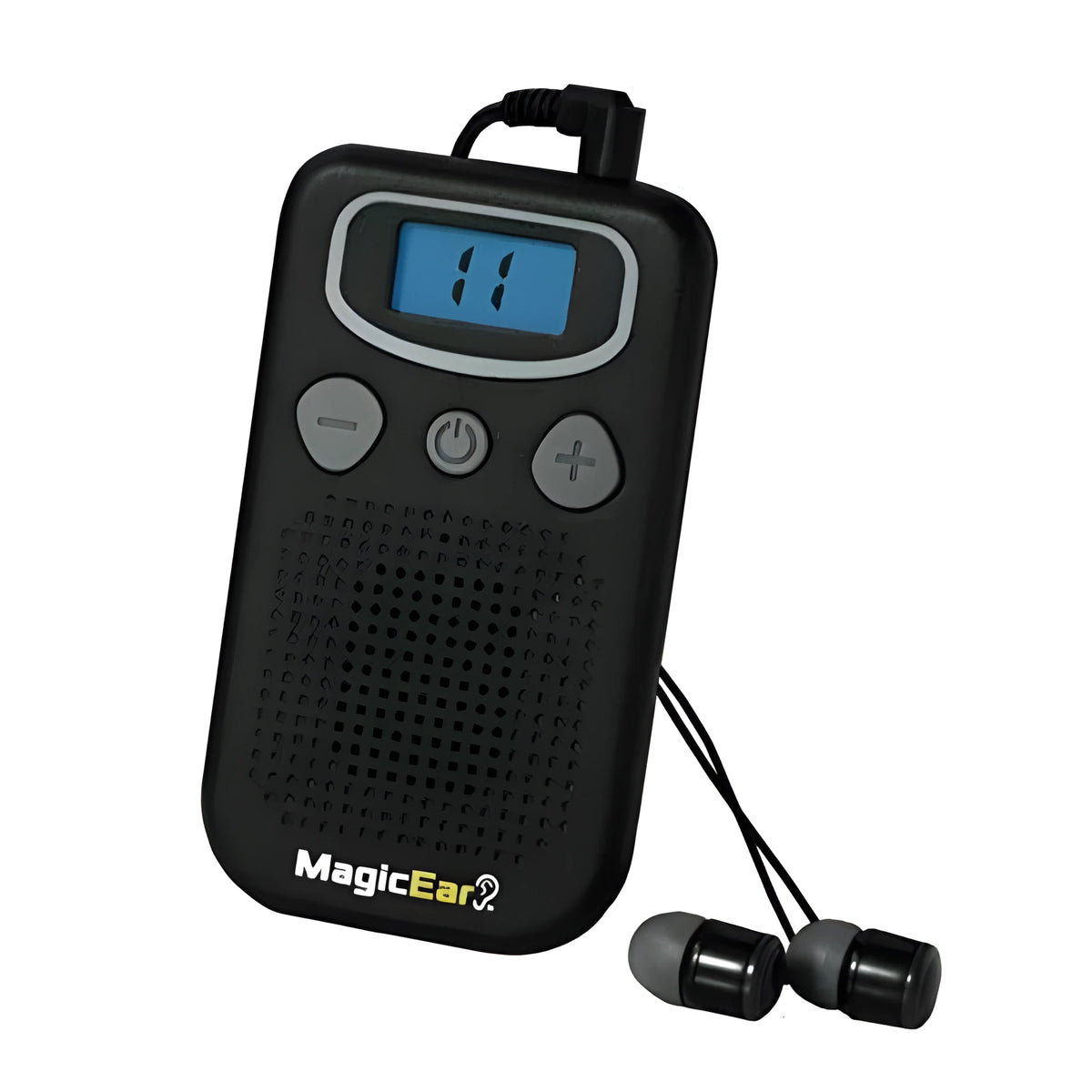 Digital display personal sound amplifier in brilliant colour with handheld FM radio-style design