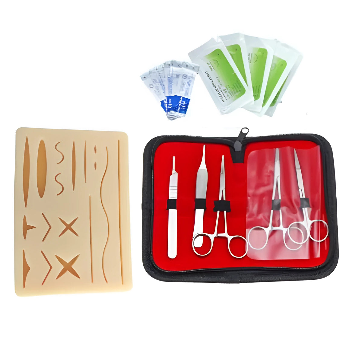 Black silicone laparoscopic simulation training pad, 17x12cm, with three-layer skin fat muscle practice surface and suturing tools