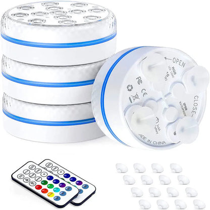 Remote control and small round IP68 waterproof colour-changing LED light for ponds.
