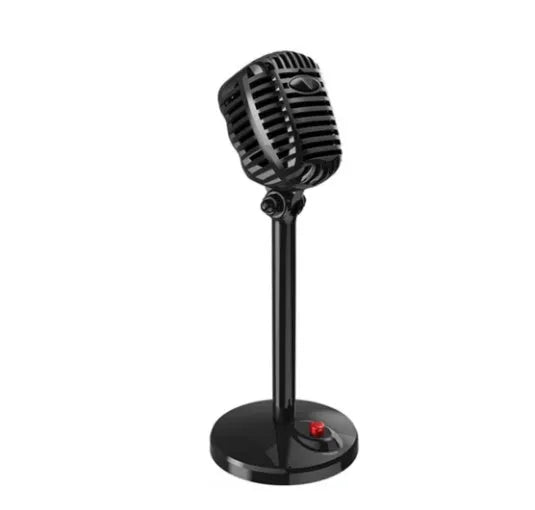 Black USB computer microphone with adjustable gooseneck and weighted silicone base stand on a desk.