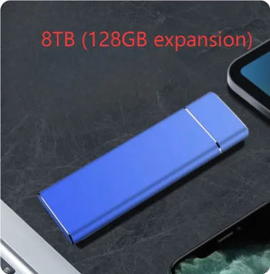 Portable solid state external hard disk with metal shell in sapphire blue colour showing compact dimensions