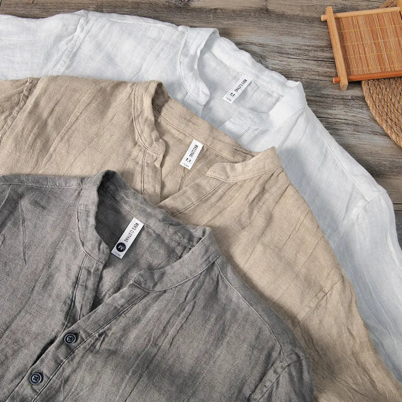 Linen pullover top in short sleeve casual style with solid colour options of white, khaki, or grey, available in a wide range of sizes from M to 4XL, featuring a classic retro design with a relaxed fit for everyday wear.