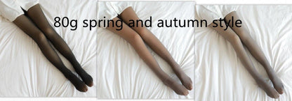 Cozy fleece-lined tights in various colors, featuring a unique translucent design and high-waisted fit for warmth and style.