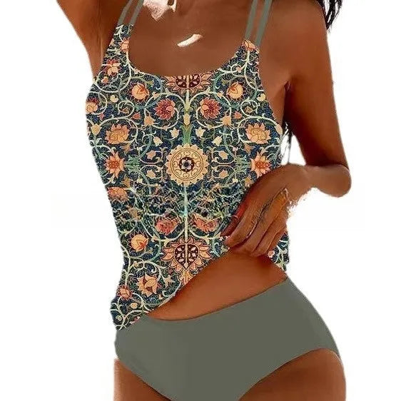 Retro Split High Waist Bikini Beach Swimsuit with Strappy Print Design for Adult and Elderly Wearers in Green, Blue, Black, Pink, and Purple Colour Options with Polyester Fabric Construction in S to XXXL Sizes