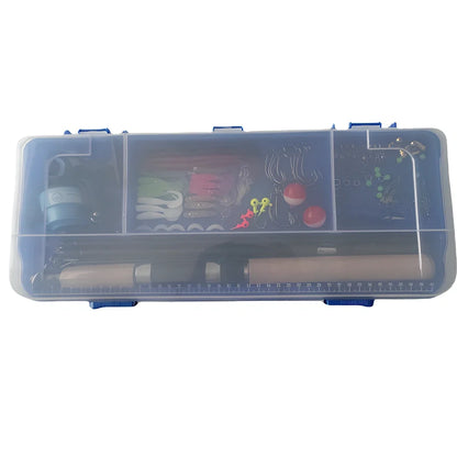Portable fishing lure box set measuring 46cm with rod, vessel, and 125 fishing accessories organised in compartments