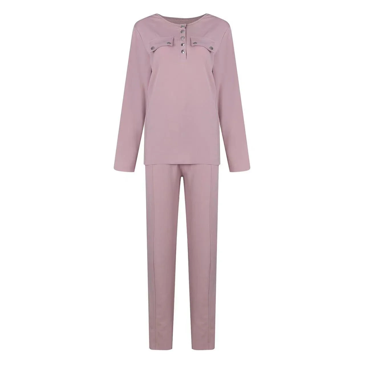 Cozy two-piece loungewear set for women in solid colors, featuring a crewneck top and drawstring-waist pants