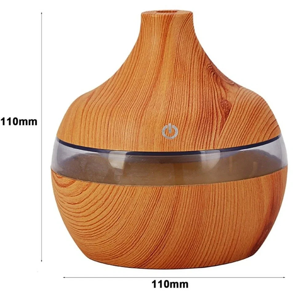 Compact wood grain USB humidifier with 300ml capacity, yellow wood-grain finish, LED lights, for aromatherapy misting