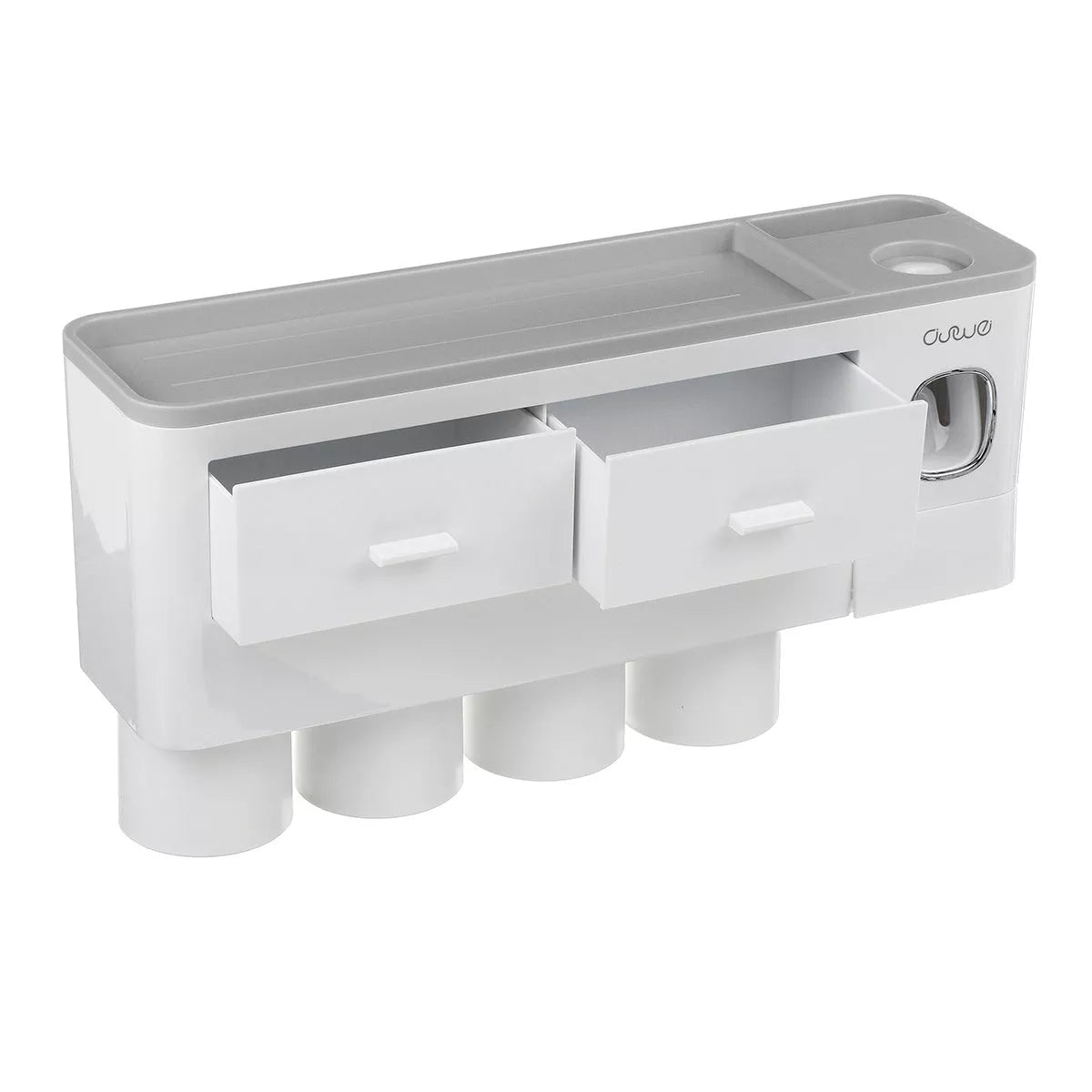 Non-marking hanging magnetic toothbrush holder with toothpaste squeezer and quick-drying cups