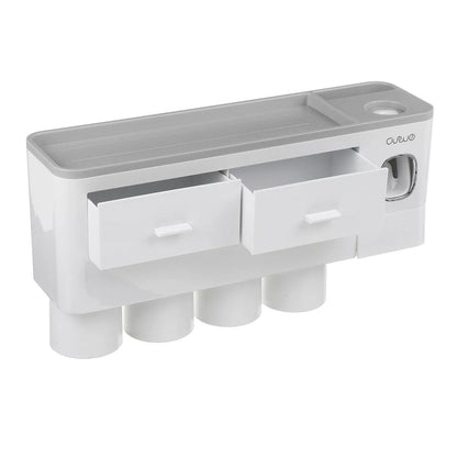 Non-marking hanging magnetic toothbrush holder with toothpaste squeezer and quick-drying cups