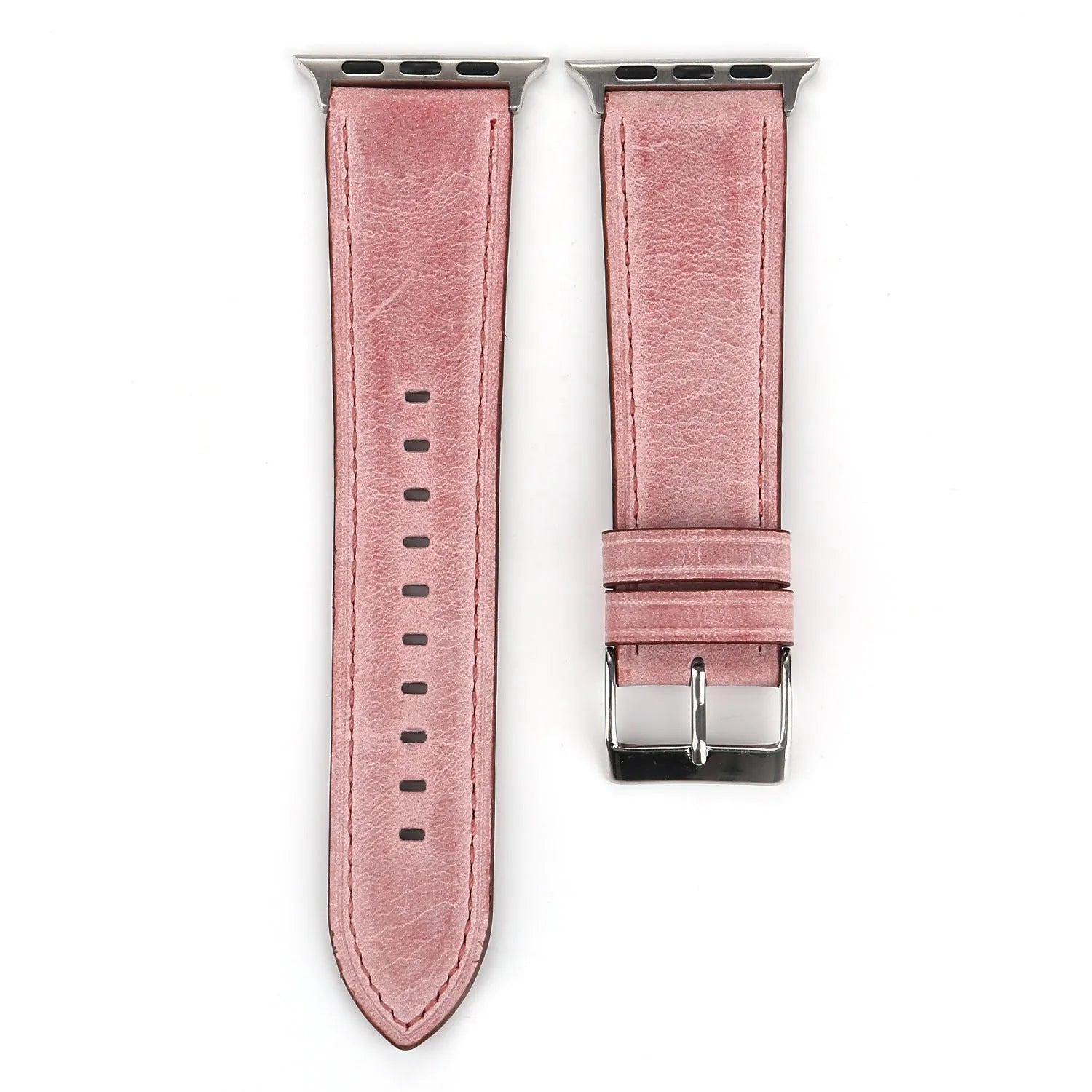 Leather watch strap with a folding buckle in blue, shown next to brown, green, orange, pink, and yellow colour options.