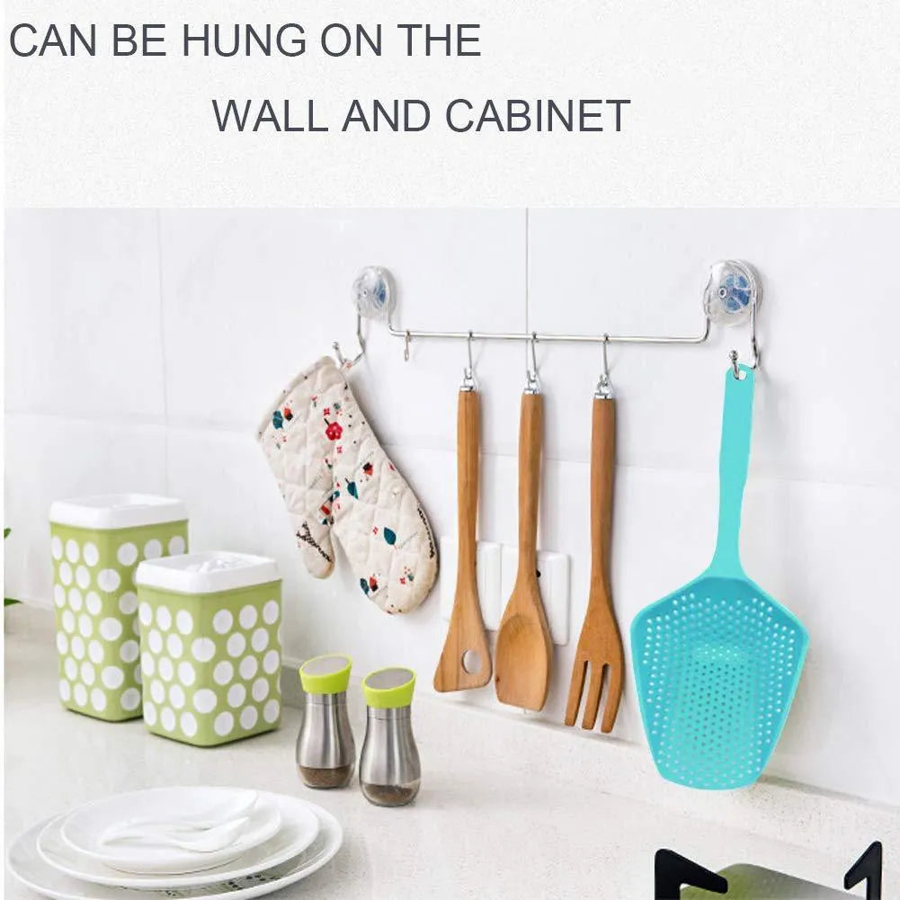 Large black nylon strainer scoop with long handle for draining food from hot pans in the kitchen.
