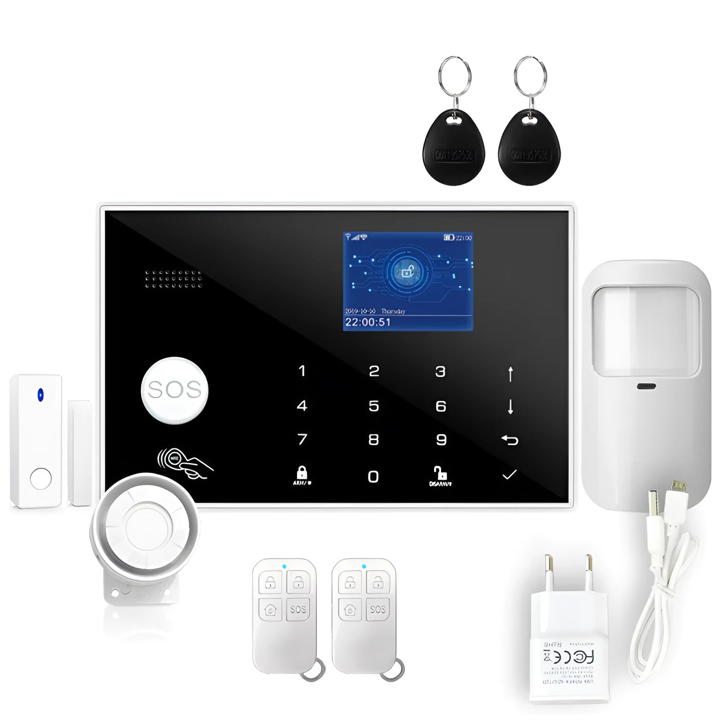 Intelligent WiFi GSM burglar alarm host unit with wireless touch button and antenna for home security.
