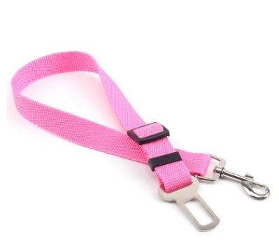 Adjustable dog seat belt with secure clip and buckle for attaching to pet harness and vehicle seatbelt