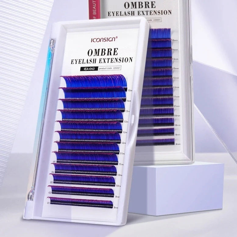 Single graft gradient coloured eyelashes showing four colour options with 8-15mm mixed lengths on fibre material