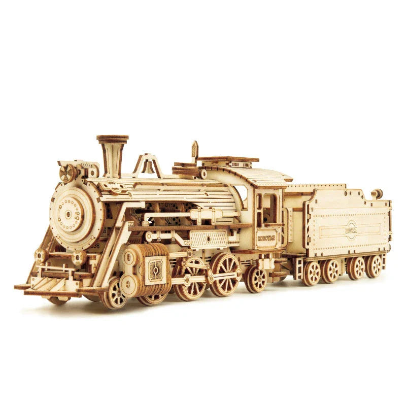 Premium model wooden train kit with 308 precision-cut wooden pieces for a rewarding DIY assembly project