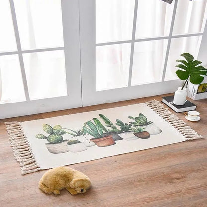 Scandinavian style hand-woven cotton linen floor mat 60 x 90 cm with tassels in cactus pattern