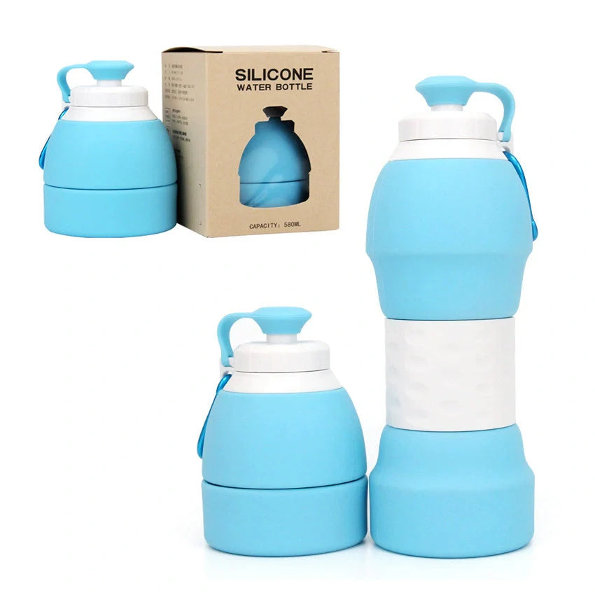 Collapsible silicone water bottle in various colours, perfect for travel and outdoor activities