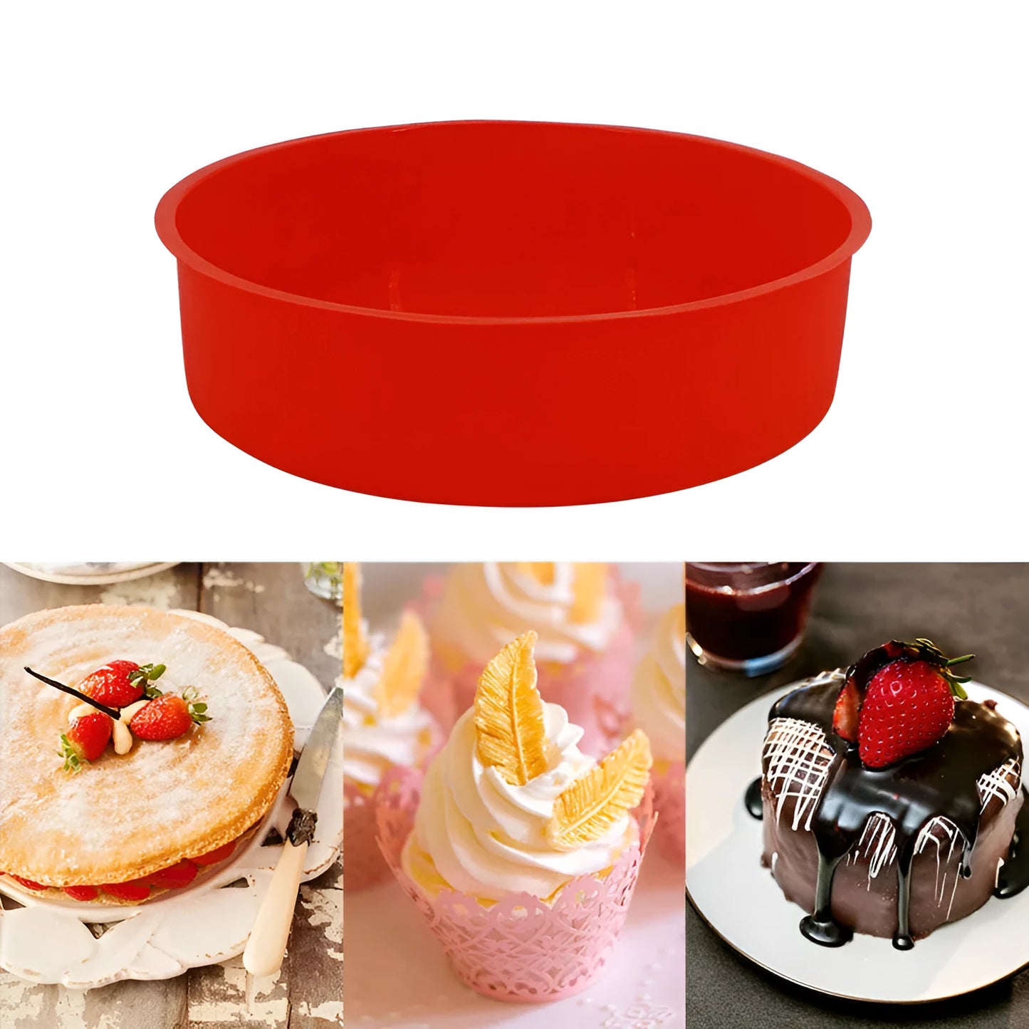 Red round silicone cake mould set showing 4-inch, 6-inch, and 8-inch sizes for baking trays