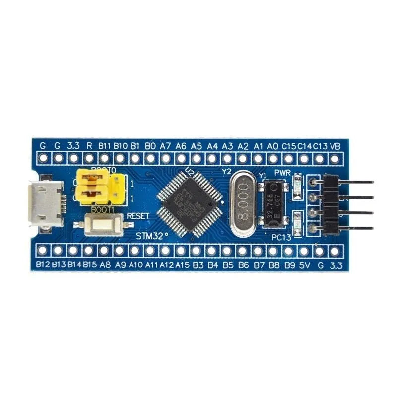 STM32F103C8T6 ARM Cortex-M3 microcontroller development board module minimum system core board, STM32F103C8T6 chip, 72MHz CPU with 64KB flash memory, 20KB SRAM, SWD debug mode, Mini USB interface for power and communication, 5.3cm x 2.2cm board size.