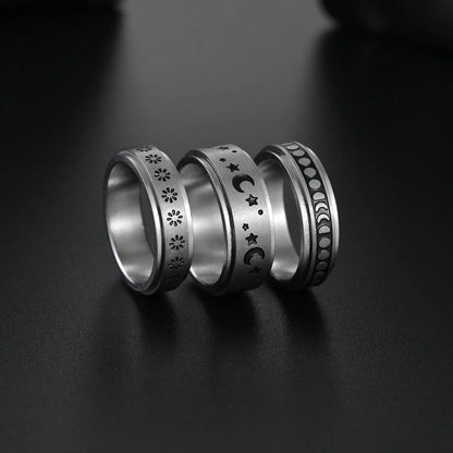 Titanium steel ring with intricate star and moon designs, available in various sizes and colors