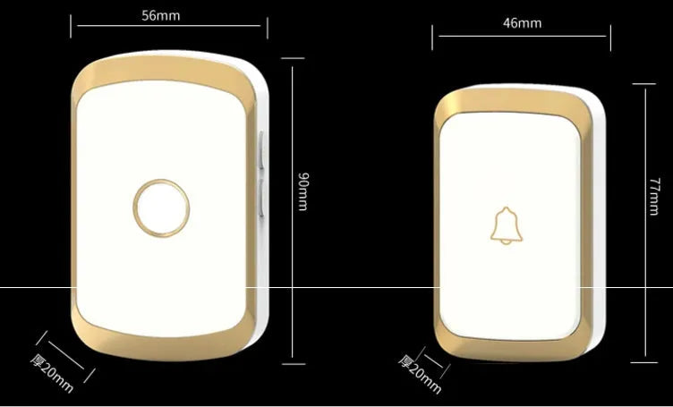 Wireless doorbell button and plug-in chime unit with 300m range, shown in silver finish.