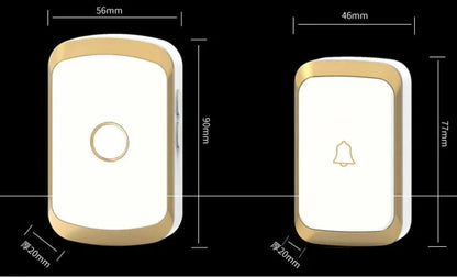 Wireless doorbell button and plug-in chime unit with 300m range, shown in silver finish.