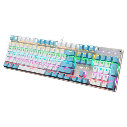 Waterproof mechanical gaming keyboard with 104 keys in black, blue, and pink colour options