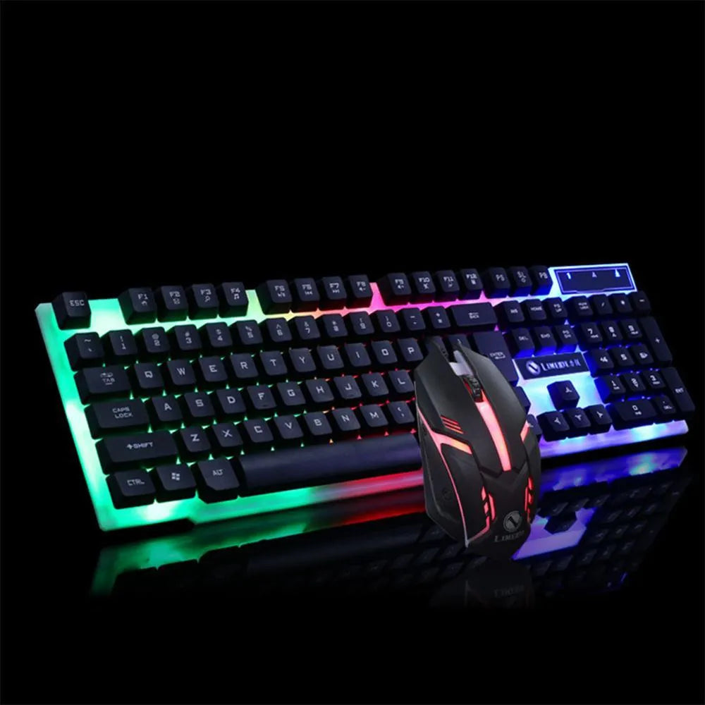 GTX300 black and white wired gaming keyboard and mouse set with backlit keys on desk