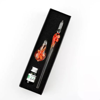 Crystal Flower Glass Dip Pen Set with floral patterns and borosilicate glass construction