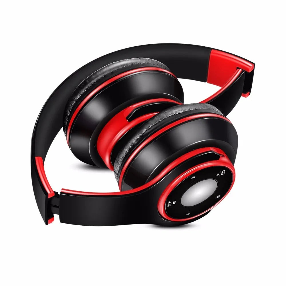 Foldable wireless Bluetooth headphones in blue showing adjustable hinges and 3.5mm cable connection