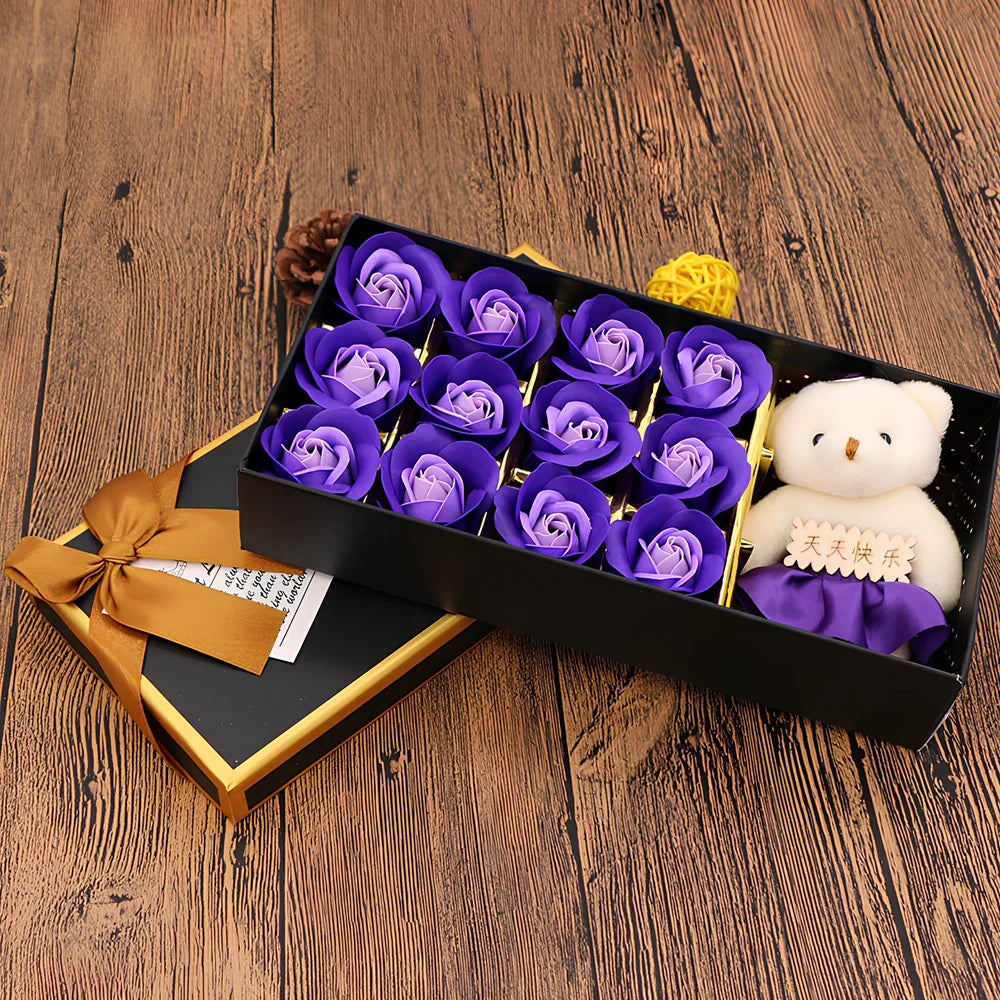 12 rose soap flowers with bear accents in basket arrangement, red colour variant in gift box