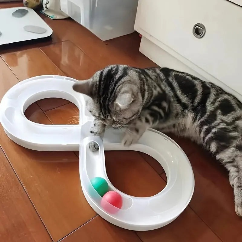 Interactive cat turntable track toy with ball system and teasing stick for feline enrichment