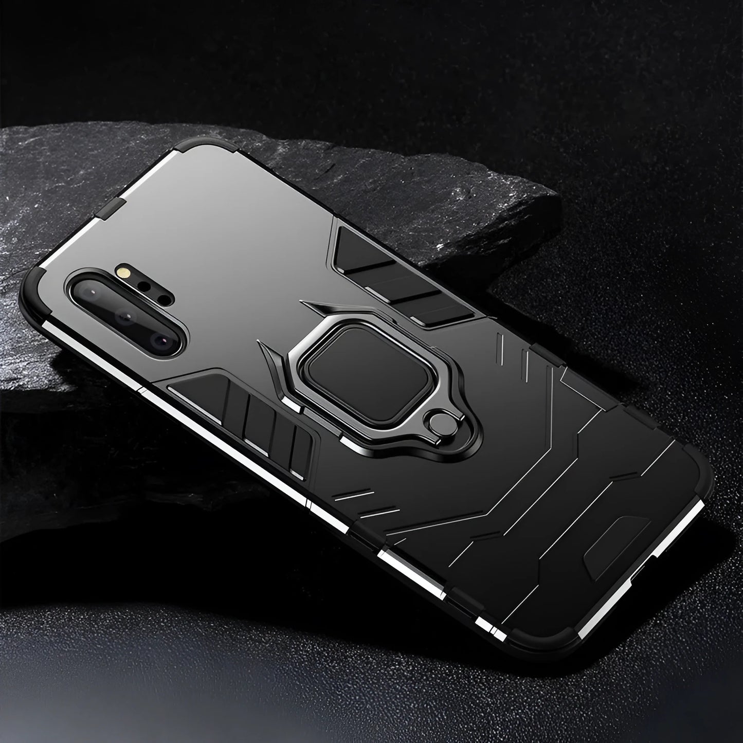 Iron Man magnetic phone case for Samsung Galaxy phones in black, blue, and red colours on a plain background.