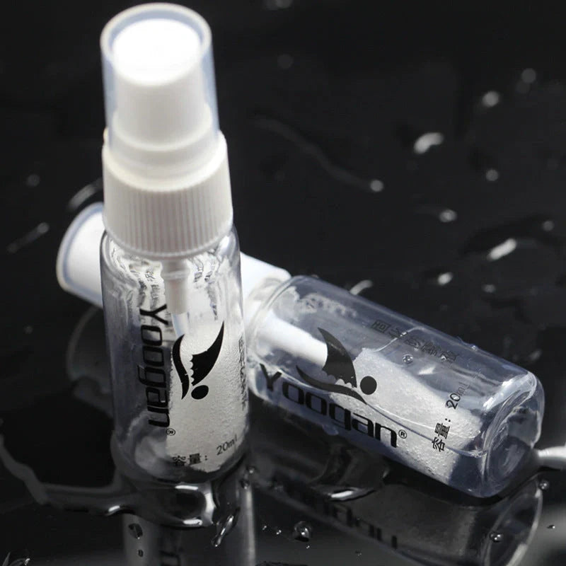 Anti-fog liquid bottle with spray nozzle for eyewear fog prevention