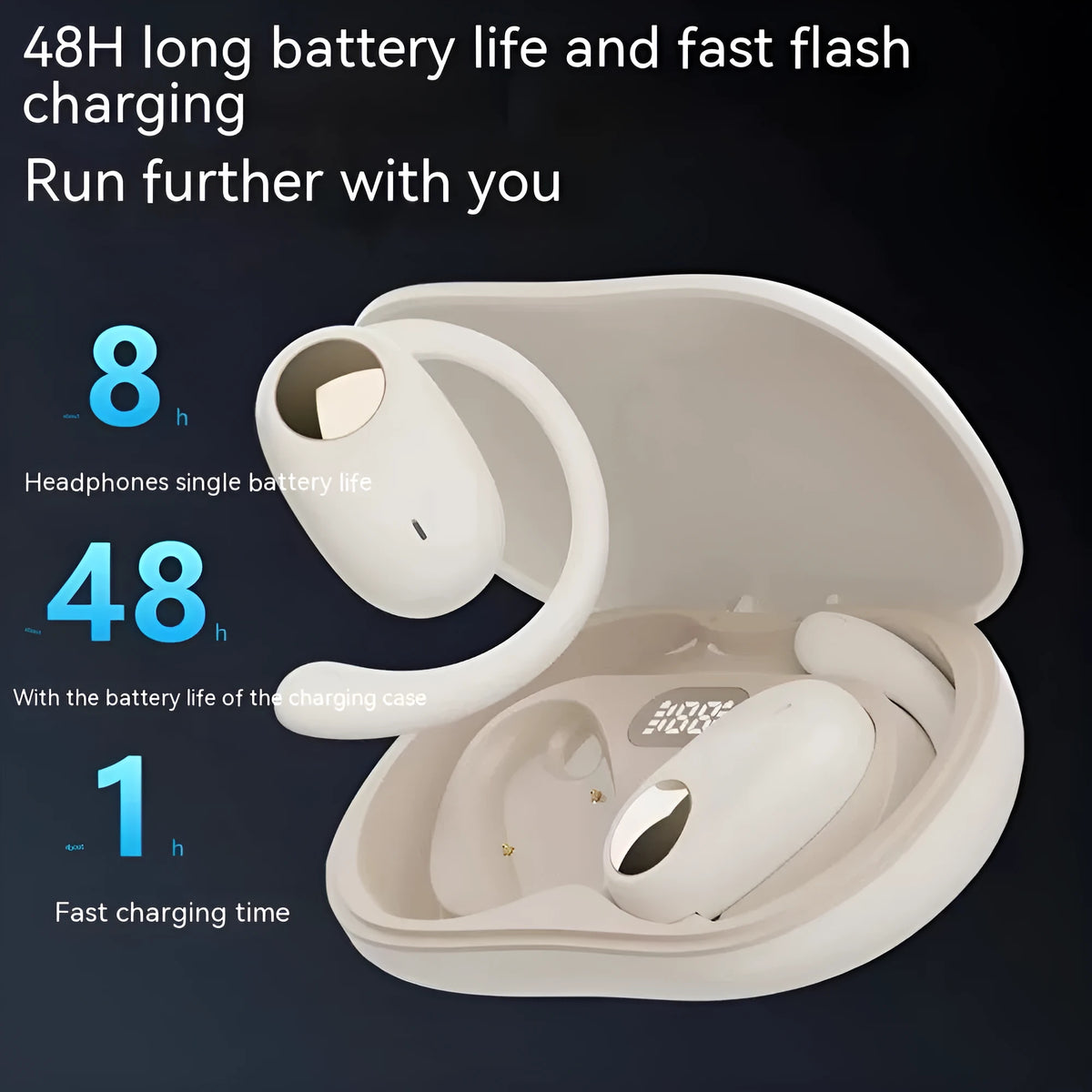 Bone conduction ear hook sports headset in black, white, or skin colour with 10m range and 8+ hour battery