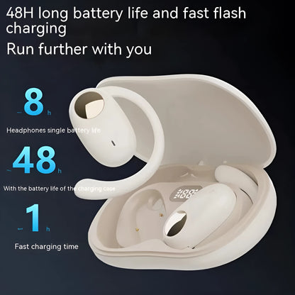 Bone conduction ear hook sports headset in black, white, or skin colour with 10m range and 8+ hour battery