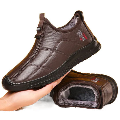 Men's brown casual winter boots with a round toe, buckle closure, and a low-top cotton upper.