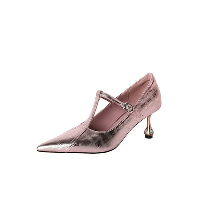 Genuine leather low-cut pointed-toe Mary Jane pumps with a chunky block heel in gun colour.