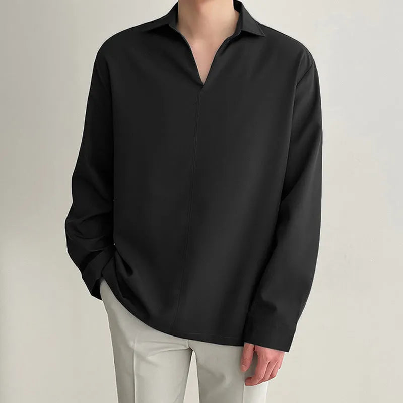 Men's loose fit casual pullover shirt in solid colour with long sleeves and non-ironing fabric