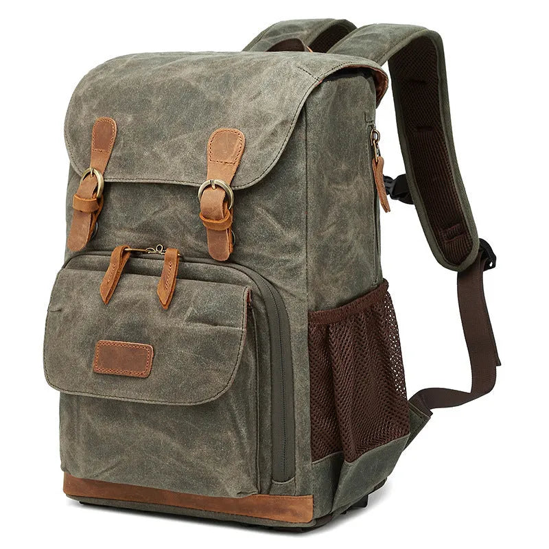 Canvas camera bag backpack with polyester lining for DSLR camera protection featuring anti-theft, anti-seismic, breathable and waterproof construction available in khaki, gray black and army green colour options
