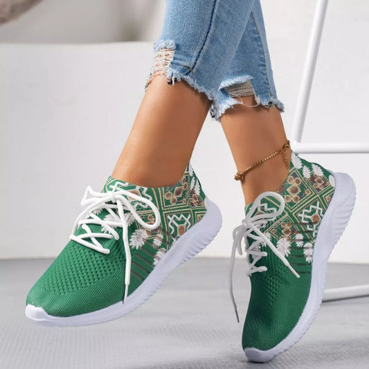 Women's summer woven flat shoes with floral design and breathable mesh upper