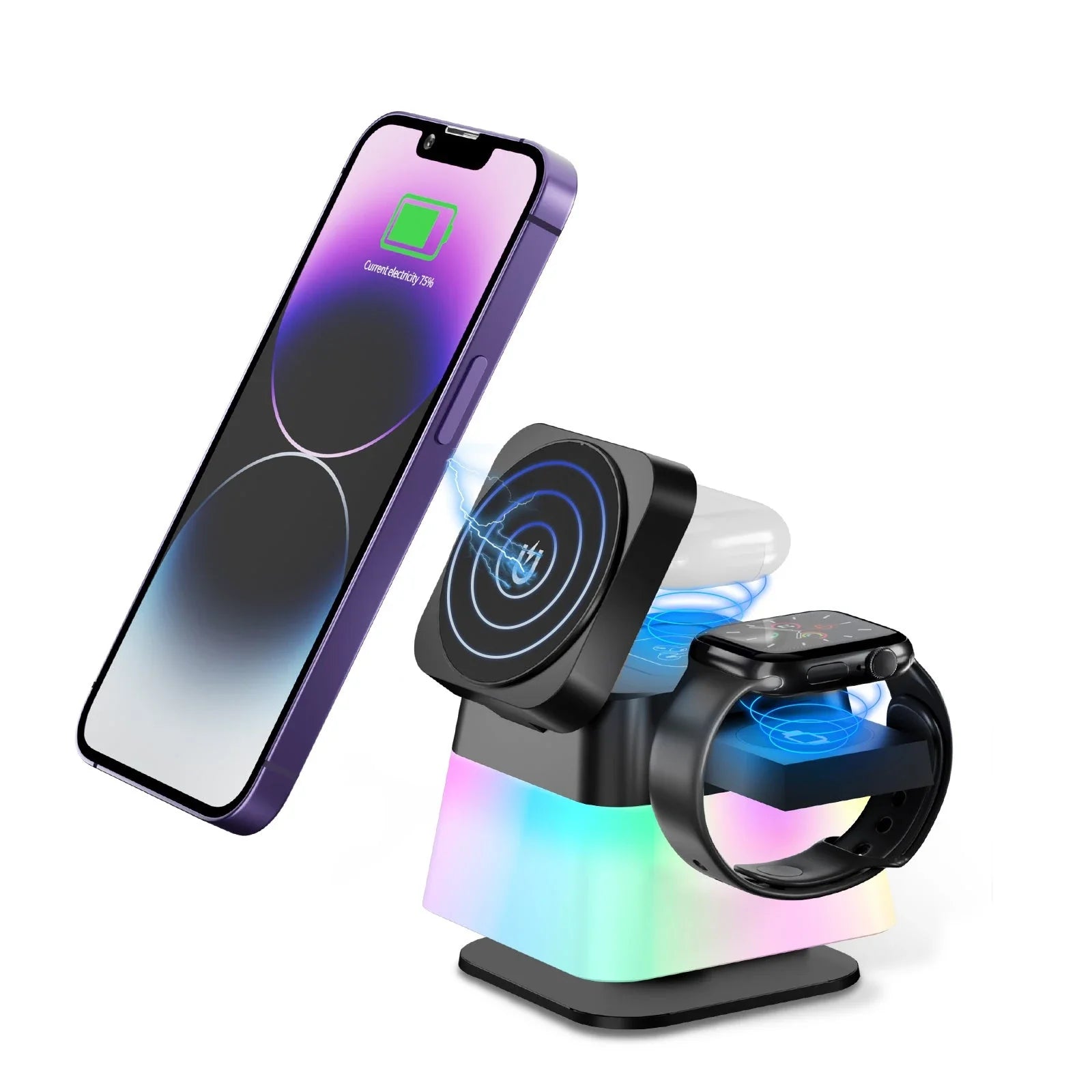 Versatile 4-in-1 wireless charging station with adjustable mood lighting for iPhone, Apple Watch, and AirPods