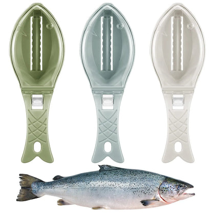 Fish-shaped scaler tool with cover to prevent scale splashing during fish cleaning