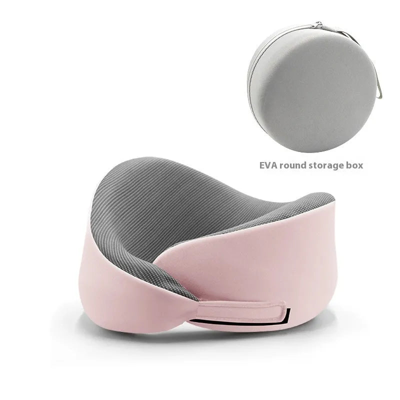 Light grey memory foam U-shaped neck pillow with a magnetic cloth protector.