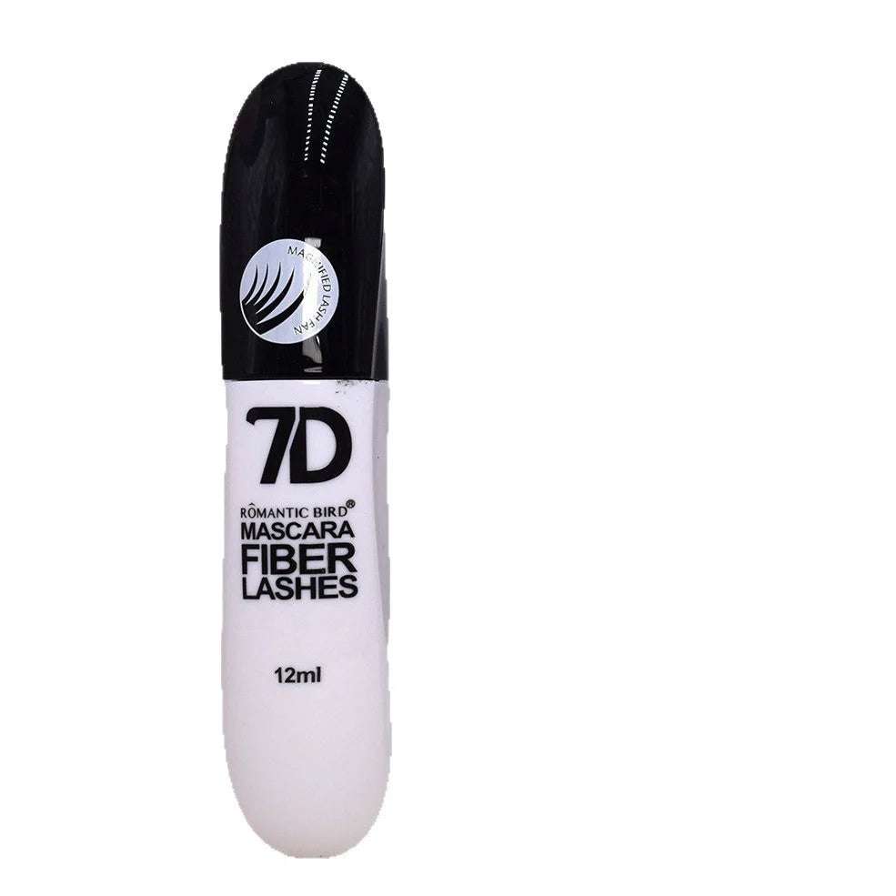 Black 7D mascara tube with brush showing separated lashes in waterproof formula